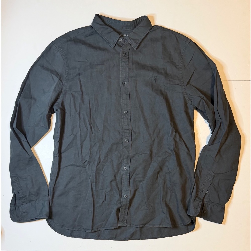 AllSaints Button Down Shirt Mens XL Dark Grey Ramskull Long Sleeve Cotton